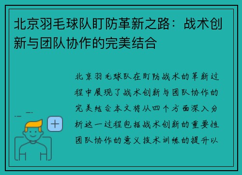 北京羽毛球队盯防革新之路：战术创新与团队协作的完美结合