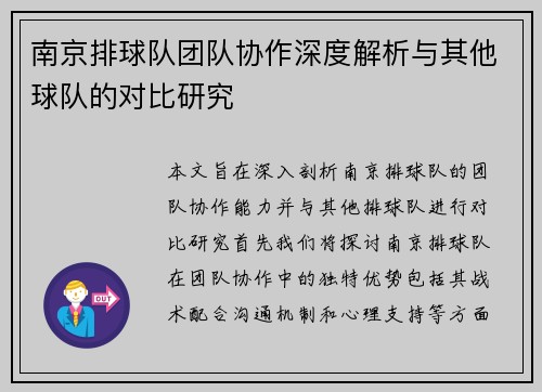 南京排球队团队协作深度解析与其他球队的对比研究